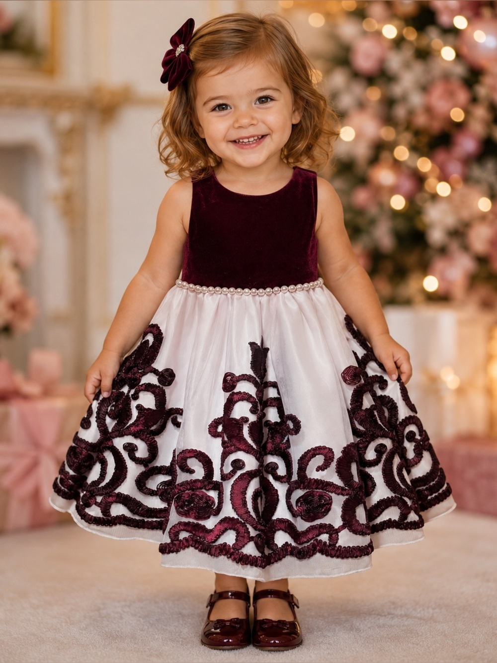 American Princess 2T Girls Burgundy Velvet White Tulle Christmas Holiday Dress